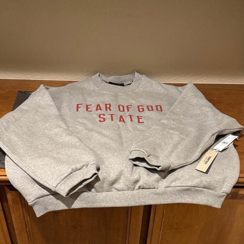 Fear of God Gray Crewneck Sweater with Red Lettering